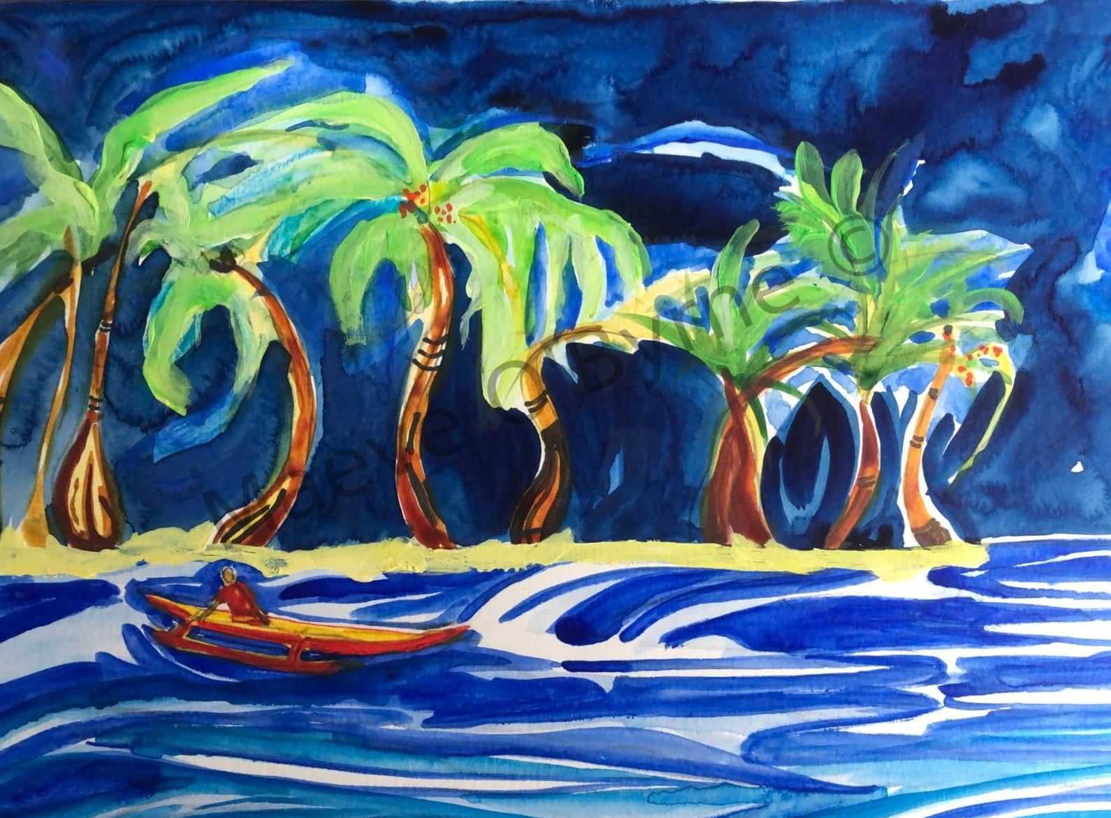 Outrigger canoe and crescent moon